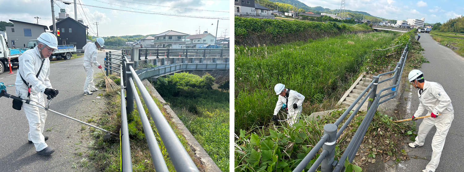 淡路市建設業協会の清掃活動で、橋のたもとや河川沿いの草刈り・除草を行う作業員