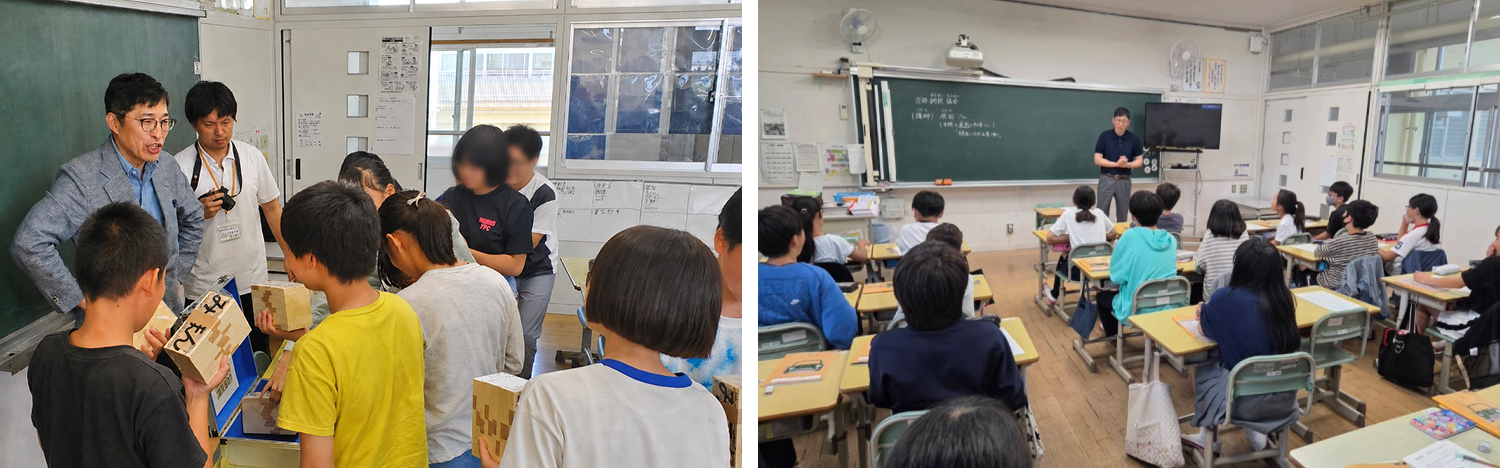 小学校の教室で、子どもたちに税の役割を伝える租税教室の講師と授業の様子